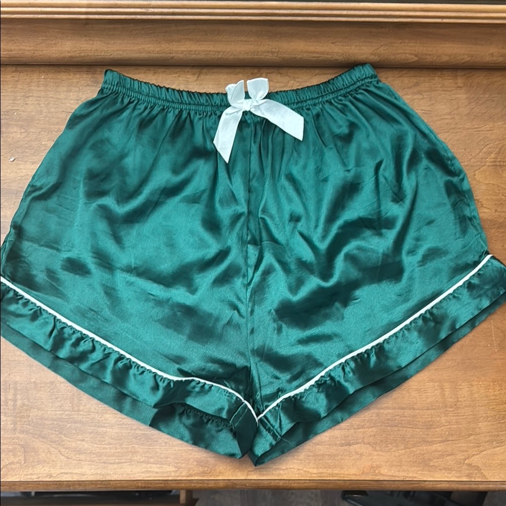 Emerald Green Satin Shorts with Bow